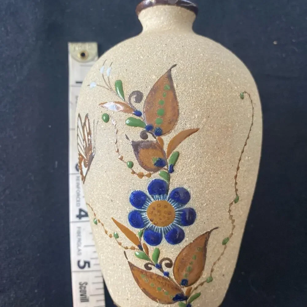 Set of 2 Mexican Mid 20th Century Sand Finish Pottery Vases. Hand painted.